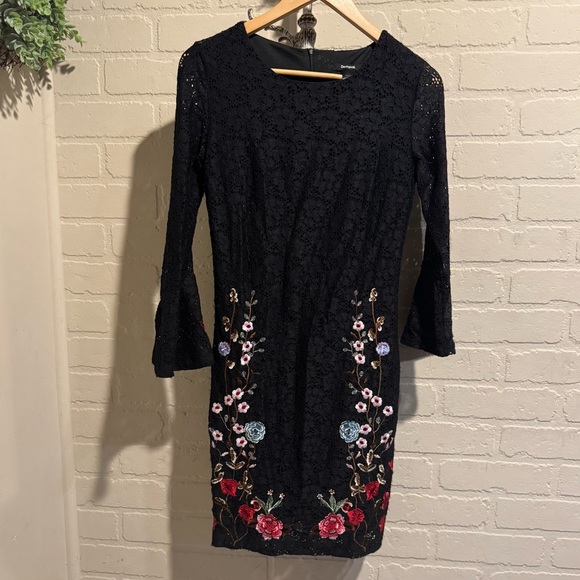 Desigual Black Dress Colorful Floral Embroidery lace bell sleeve at wrist US 4 - Picture 1 of 5